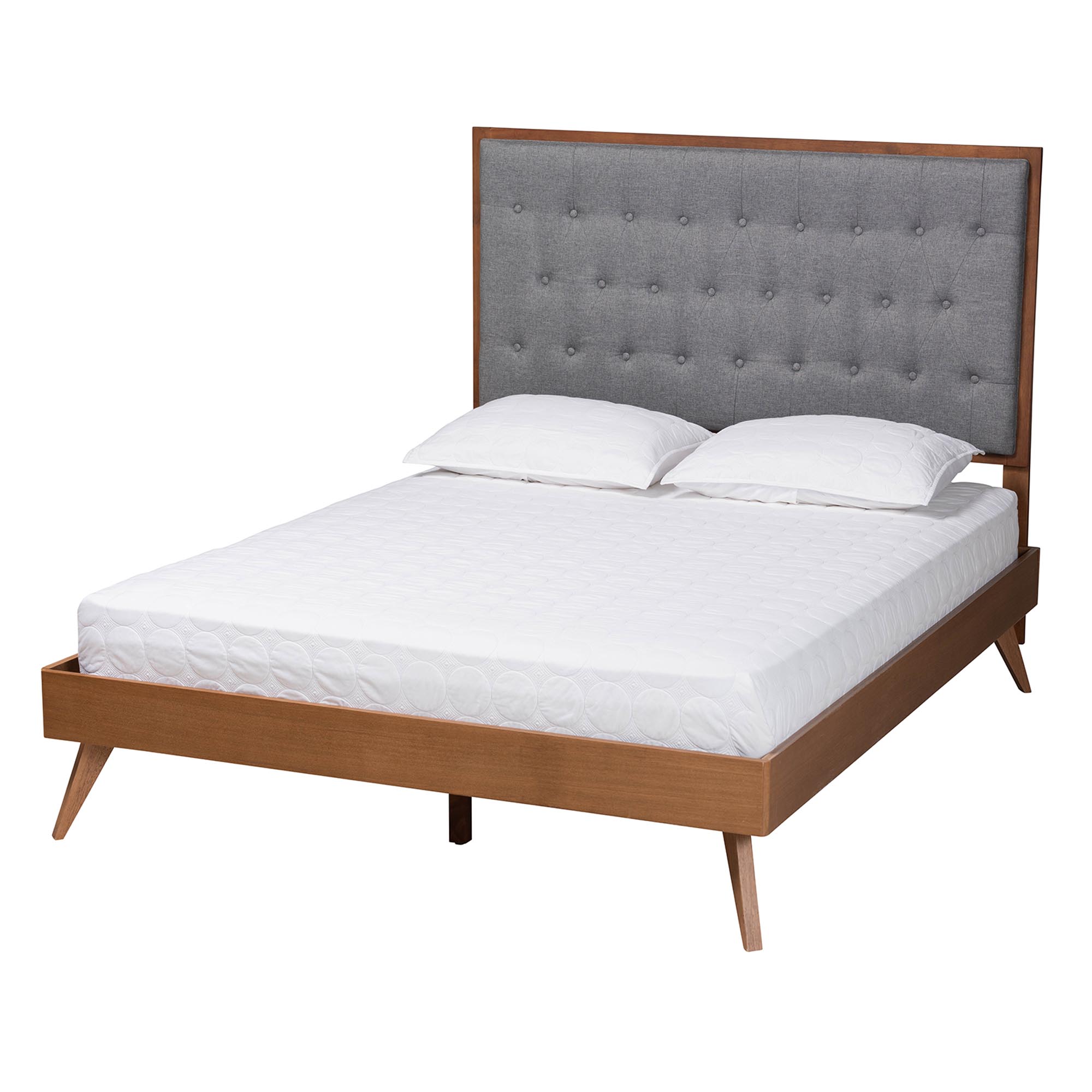 Baxton Studio Dericia Classic and Traditional Grey Fabric and Walnut Brown Finished Wood King Size Platform Bed